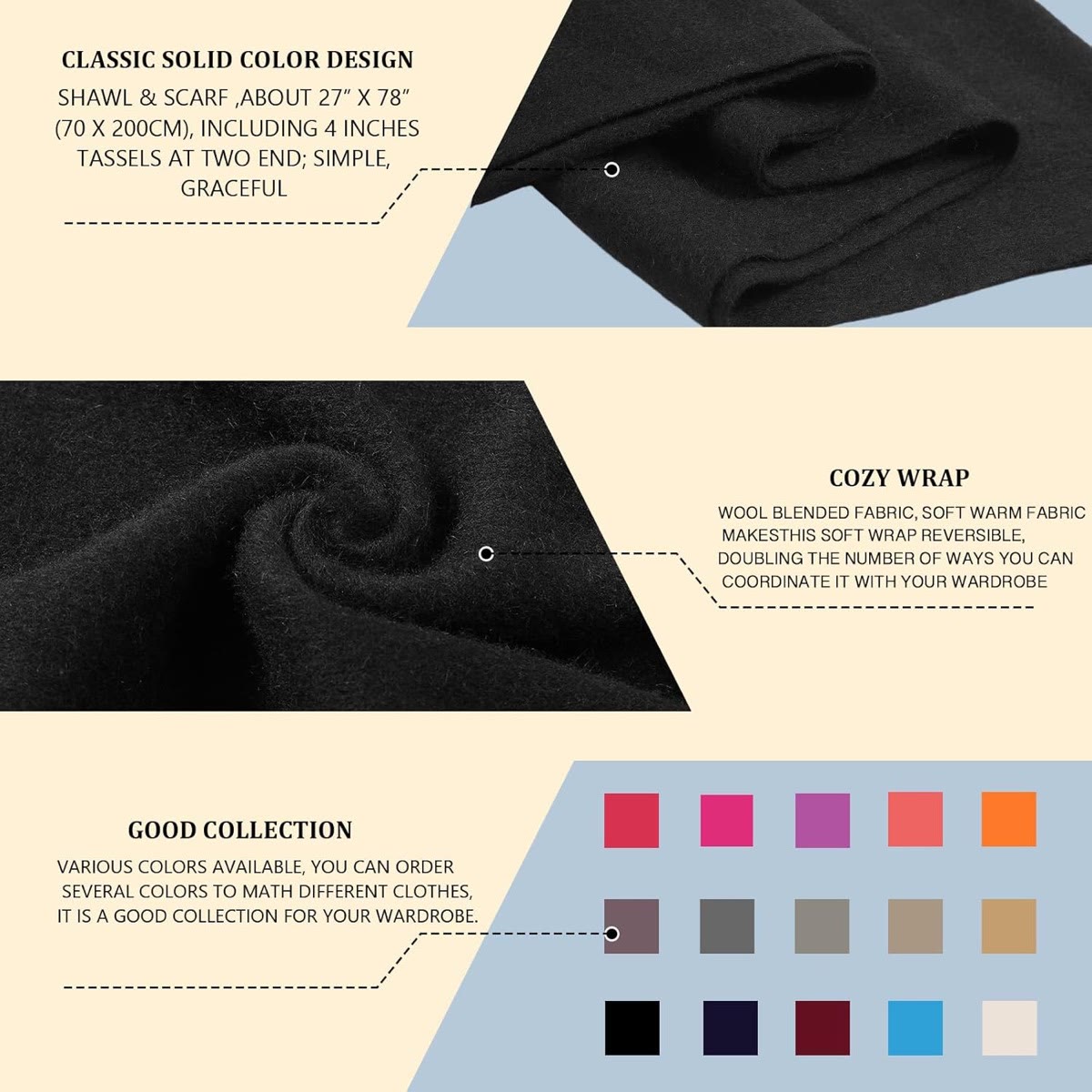 Winter Wool Blend Scarf Shawl Wrap for Women and Men | Basic Warm Solid Color, Extra-Long 78" Versatile Styling 5